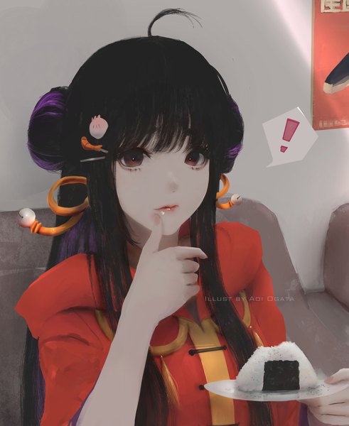 Anime picture 2976x3638 with original aoi ogata single long hair tall image looking at viewer fringe highres black hair holding brown eyes payot purple hair ahoge upper body blunt bangs multicolored hair two-tone hair hair bun (hair buns) finger to mouth