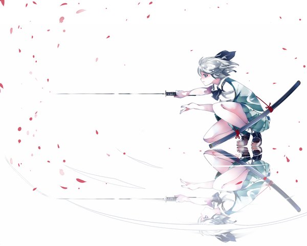Anime picture 1680x1346 with touhou konpaku youmu ikurauni single white background looking away full body profile grey hair short sleeves puffy sleeves reflection squat serious girl skirt weapon petals sword shoes