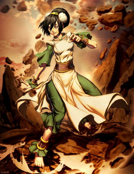 Anime picture 700x906 with avatar: the last airbender nickelodeon toph beifong genzoman single tall image short hair black hair smile sky cloud (clouds) traditional clothes japanese clothes barefoot magic white eyes girl kimono stone (stones)