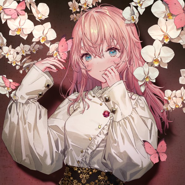 Anime picture 1457x1457 with original yutsumoe single long hair blush fringe blue eyes hair between eyes looking away pink hair upper body nail polish red nail polish butterfly on hand girl flower (flowers) insect butterfly blouse orchid (flower)