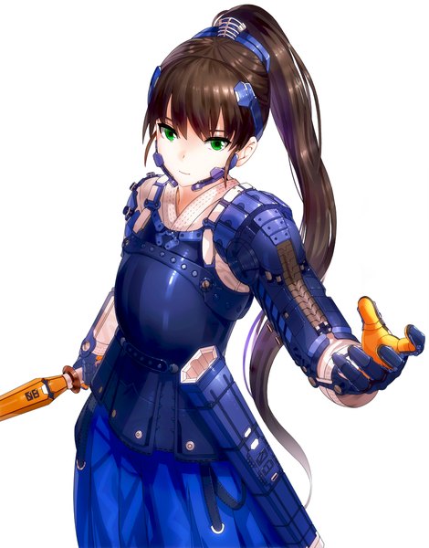 Anime picture 921x1175 with original kfr single long hair tall image looking at viewer simple background brown hair white background green eyes ponytail traditional clothes japanese clothes outstretched arm girl gloves weapon sword headdress armor