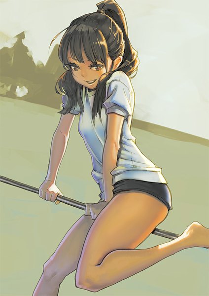 Anime picture 707x1000 with original aro (charged time out) single tall image looking at viewer open mouth light erotic smile brown hair brown eyes ponytail barefoot arm support legs between legs girl hair ornament shorts buruma pole