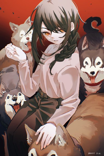 Anime picture 2000x3000 with chainsaw man mappa nayuta (chainsaw man) ice morinaka single long hair tall image looking at viewer fringe highres black hair simple background braid (braids) hair over one eye orange eyes single braid red background girl animal dog