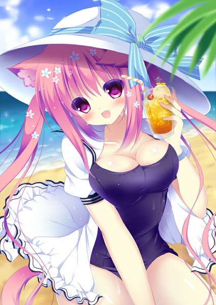 Anime picture 700x990 with original shibainu niki single long hair tall image blush breasts light erotic large breasts purple eyes twintails animal ears purple hair tail animal tail cat ears cat girl cat tail beach girl