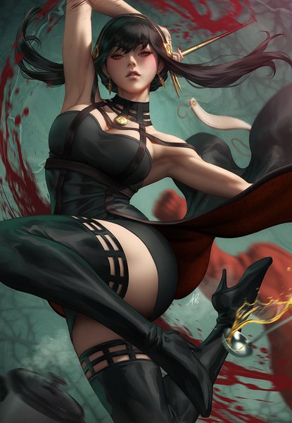 Anime picture 900x1300 with spy x family yor briar artgerm (stanley lau) single long hair tall image looking at viewer blush fringe breasts light erotic black hair red eyes large breasts signed bent knee (knees) parted lips arm up lips realistic