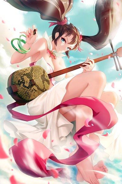 Anime picture 800x1200 with original obaoba (monkeyix) single long hair tall image looking at viewer fringe breasts blue eyes light erotic smile brown hair large breasts twintails bare shoulders holding payot sky cleavage cloud (clouds)