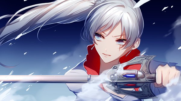 Anime picture 1920x1080 with rwby rooster teeth weiss schnee asd13 single long hair highres blue eyes wide image looking away silver hair side ponytail scar fighting stance serious girl weapon earrings rapier