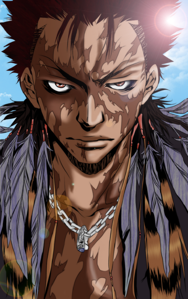Anime picture 719x1140 with katekyou hitman reborn xanxus single tall image looking at viewer short hair red eyes cloud (clouds) red hair sunlight scar boy chain feather (feathers) sun