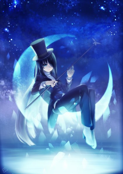 Anime picture 844x1200 with original erian single long hair tall image looking at viewer fringe blue eyes black hair smile sitting signed hair over one eye crescent girl moon top hat