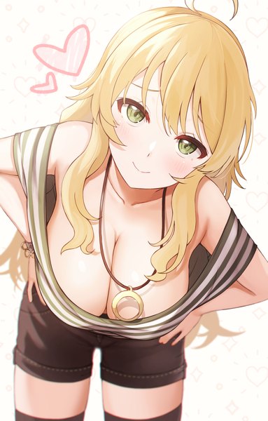 Anime picture 1698x2660 with idolmaster idolmaster (classic) idolmaster million live! idolmaster million live! theater days hoshii miki iceman550787 single long hair tall image looking at viewer blush fringe breasts light erotic simple background blonde hair smile white background green eyes cleavage
