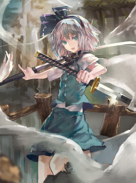 イラスト 1000x1342 と 東方 魂魄妖夢 半霊 ツオク ソロ 長身像 短い髪 緑の目 grey hair 女の子 スカート 剣 日本刀 スカートセット 緑スカート