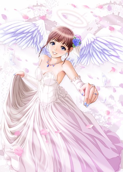 Anime picture 1583x2220 with yume robo (artist) single tall image short hair blue eyes smile brown hair nail polish girl dress petals wings halo