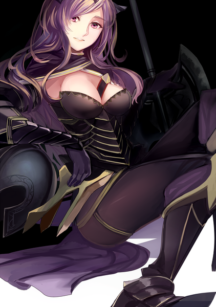 Anime picture 1000x1422 with fire emblem fire emblem fates camilla (fire emblem) machi wt (artist) single long hair tall image breasts light erotic sitting purple eyes cleavage purple hair girl weapon pantyhose armor helmet gauntlets axe