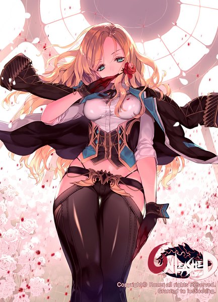 Anime picture 768x1063 with unleashed rozer single long hair tall image looking at viewer breasts blue eyes light erotic blonde hair standing head tilt from below copyright name outstretched arm twisty sleeves girl gloves flower (flowers) black gloves
