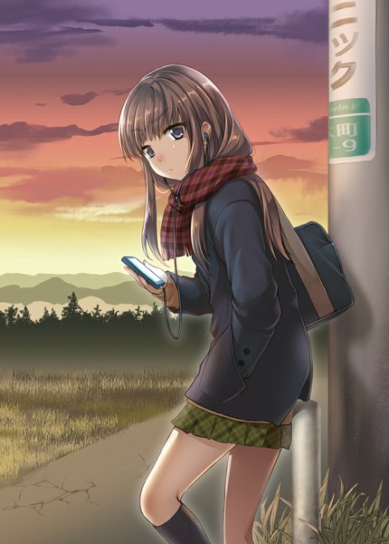 Anime picture 758x1058 with original narumizg single long hair tall image looking at viewer fringe brown hair standing holding brown eyes sky cloud (clouds) bent knee (knees) outdoors pleated skirt sunlight leaning evening plaid skirt