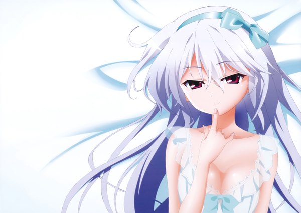 Anime picture 8163x5787 with grisaia no kajitsu kazuki kazami single long hair looking at viewer fringe highres breasts light erotic hair between eyes red eyes white background absurdres white hair scan official art girl bow hair bow lingerie
