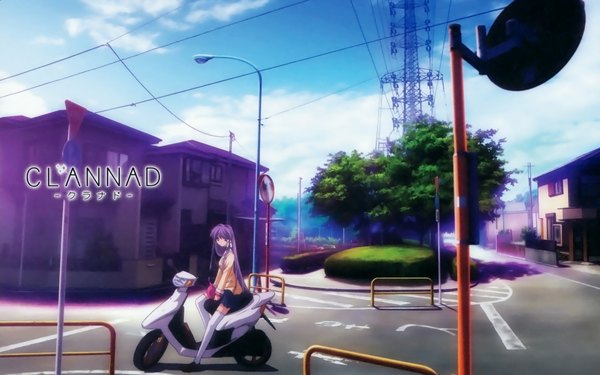 Anime picture 1920x1200 with clannad key (studio) fujibayashi kyou long hair highres wide image purple eyes sky purple hair pleated skirt girl thighhighs plant (plants) white thighhighs tree (trees) serafuku wire (wires) helmet scooter