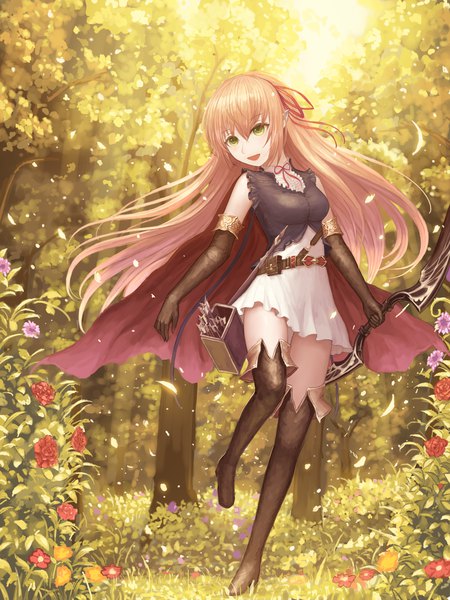 Anime-Bild 2400x3200 mit princess connect! re:dive princess connect! arisa (princess connect!) rinmmo single long hair tall image blush fringe highres open mouth blonde hair hair between eyes green eyes looking away full body outdoors pointy ears walking girl