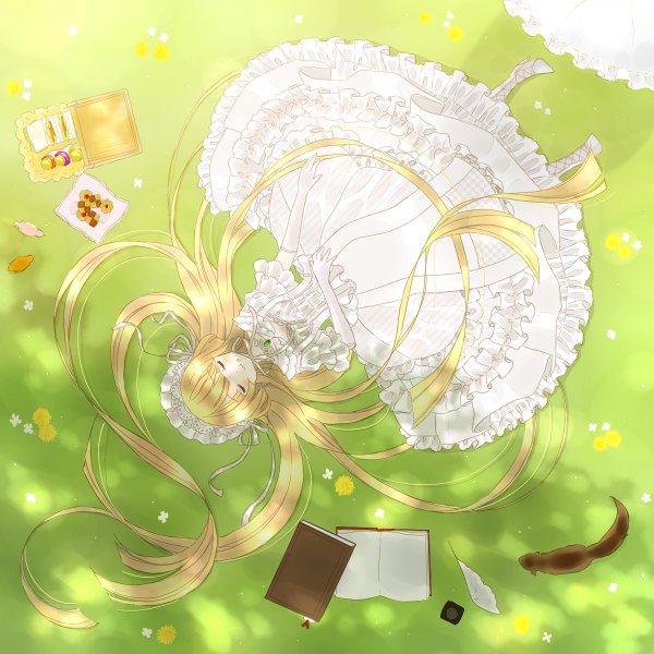 Anime picture 1200x1200 with gosick studio bones victorique de blois single blonde hair very long hair sleeping girl dress gloves flower (flowers) plant (plants) elbow gloves food hairband white dress sweets book (books) thigh boots feather (feathers)