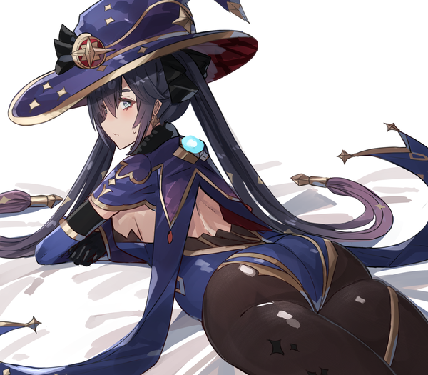 Anime picture 1600x1400 with genshin impact mona megistus the olphy single long hair fringe blue eyes light erotic black hair hair between eyes twintails ass lying profile turning head sweatdrop on stomach girl hat pantyhose