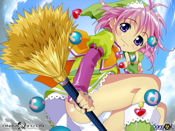 Anime picture 1600x1200 with original rin sin sanyok774 single looking at viewer short hair light erotic smile purple eyes signed pink hair from below pantyshot vector broom riding girl thighhighs broom