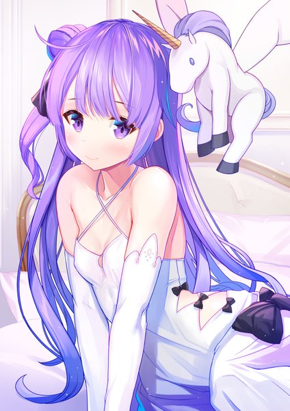 Anime picture 1061x1500 with azur lane unicorn (azur lane) at-yui single long hair tall image looking at viewer blush fringe breasts smile purple eyes bare shoulders payot purple hair ahoge indoors blunt bangs hair bun (hair buns) one side up