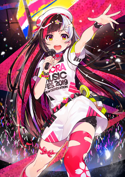 Anime picture 1061x1500 with sacra music sacra-chan mika pikazo single long hair tall image looking at viewer blush fringe open mouth black hair standing holding yellow eyes :d multicolored hair arm up official art streaked hair outstretched hand
