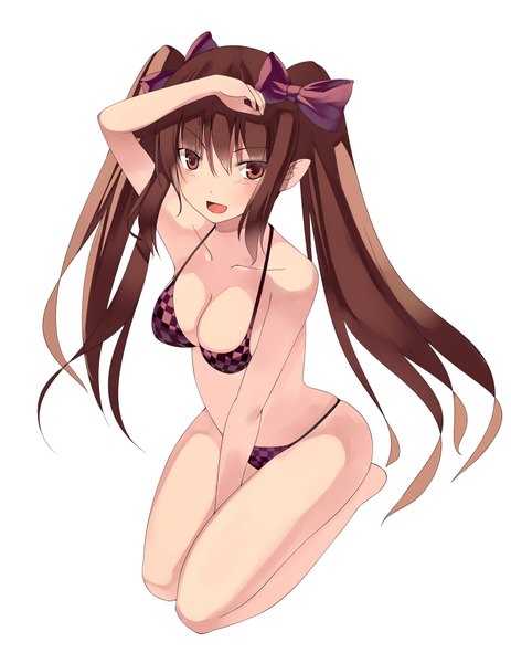 Anime picture 773x1000 with touhou himekaidou hatate kureha (ironika) single long hair tall image blush fringe breasts open mouth light erotic simple background hair between eyes brown hair white background twintails brown eyes payot pointy ears hand on head