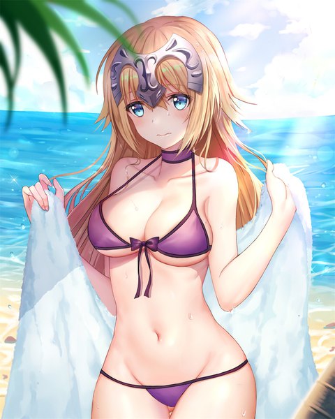 Anime picture 1306x1632 with fate (series) fate/grand order jeanne d'arc (fate) (all) jeanne d'arc (fate) luobo (nsnr8754) single long hair tall image blush fringe breasts blue eyes light erotic blonde hair hair between eyes large breasts looking away sky cloud (clouds) shadow