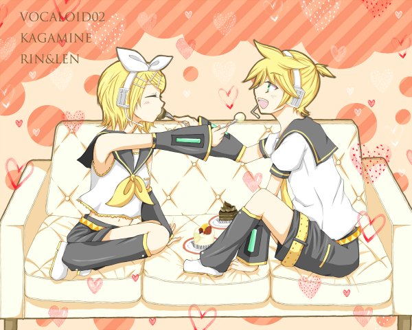 Anime picture 1200x960 with vocaloid kagamine rin kagamine len rogie short hair open mouth blonde hair sitting full body eyes closed profile copyright name character names siblings twins brother and sister feeding girl boy detached sleeves