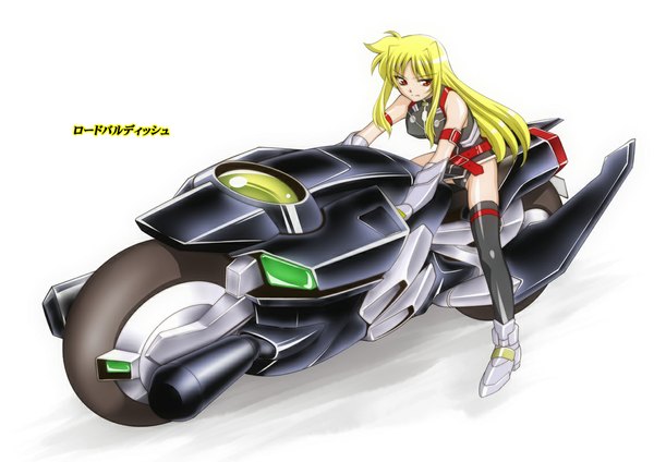 Anime picture 1131x800 with mahou shoujo lyrical nanoha mahou shoujo lyrical nanoha strikers fate testarossa long hair blonde hair red eyes white background girl thighhighs motorcycle