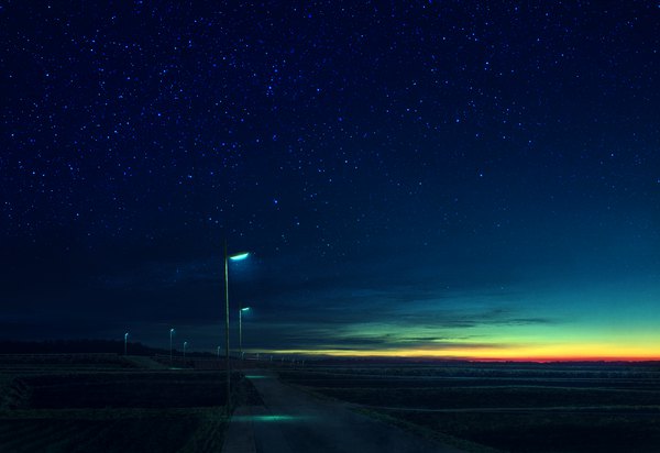 Anime picture 1600x1101 with original mks sky evening sunset horizon no people landscape scenic field sunrise star (stars) road lamppost