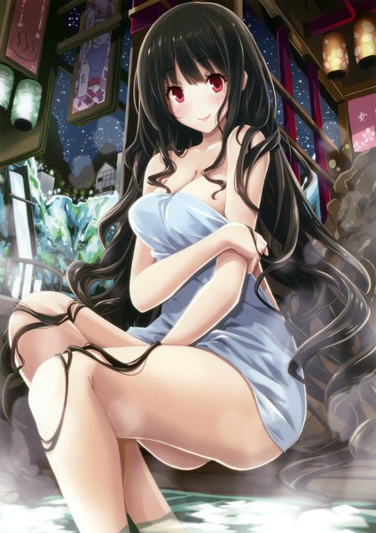 Anime picture 2220x3140 with original k-books (artbook) mikoto akemi single long hair tall image looking at viewer blush highres light erotic black hair smile red eyes sitting bare shoulders scan naked towel girl towel onsen