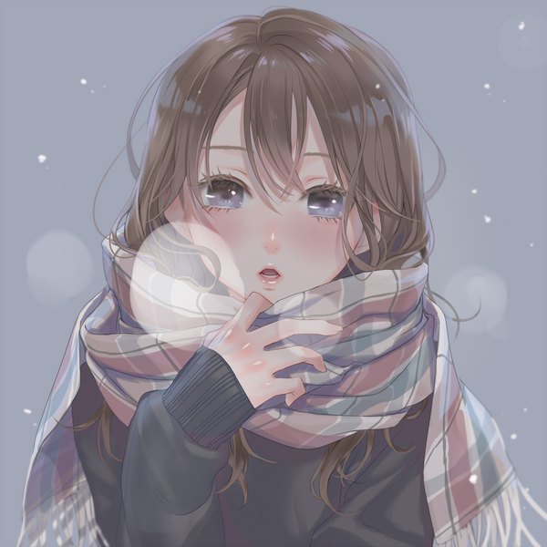 Anime picture 1000x1000 with original ao+beni single long hair looking at viewer blush fringe open mouth blue eyes simple background hair between eyes brown hair signed upper body grey background snowing exhalation girl scarf sweater