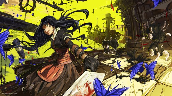 Anime picture 1890x1063 with alice in wonderland american mcgee's alice (game) alice: madness returns alice (wonderland) dxyuki2009 (pixiv) long hair highres black hair wide image green eyes girl dress gloves insect butterfly blood chain knife monster gears