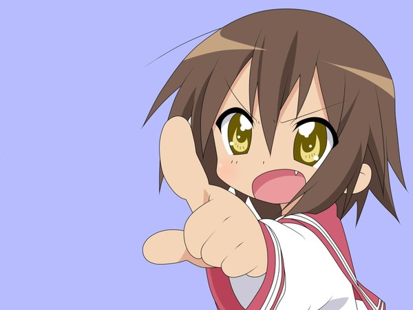 Anime picture 1600x1200 with lucky star kyoto animation kusakabe misao short hair open mouth simple background brown hair yellow eyes teeth fang (fangs) blue background pointing girl serafuku