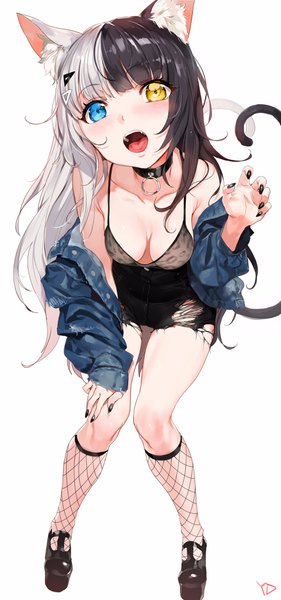 Anime picture 1921x4096 with original metako (hoyashi rebirth) yd (orange maru) single long hair tall image looking at viewer blush fringe highres breasts open mouth blue eyes light erotic black hair simple background white background bare shoulders signed animal ears