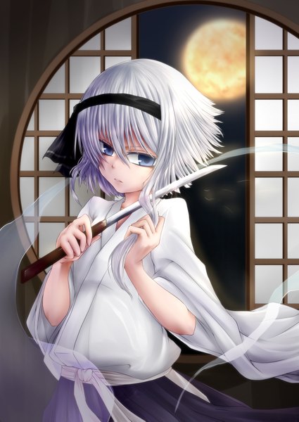 Anime picture 2508x3541 with touhou konpaku youmu myon jyudo fu (artist) single tall image highres short hair blue eyes white hair ghost girl weapon hairband moon