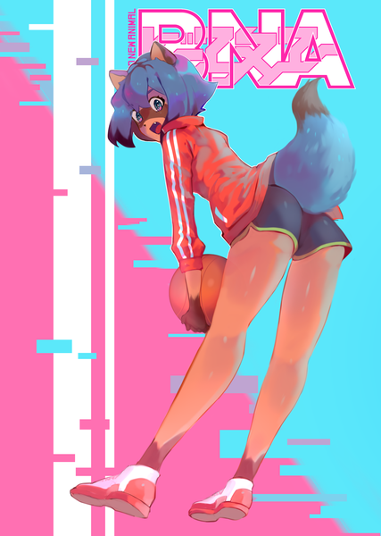 Anime picture 2752x3867 with brand new animal studio trigger kagemori michiru benzbt single tall image highres short hair open mouth blue eyes animal ears blue hair full body tail :d animal tail leaning leaning forward copyright name dark skin