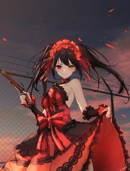 Anime picture 1555x2050 with date a live tokisaki kurumi feint721 single long hair tall image looking at viewer fringe breasts light erotic black hair smile red eyes standing twintails bare shoulders holding signed yellow eyes sky
