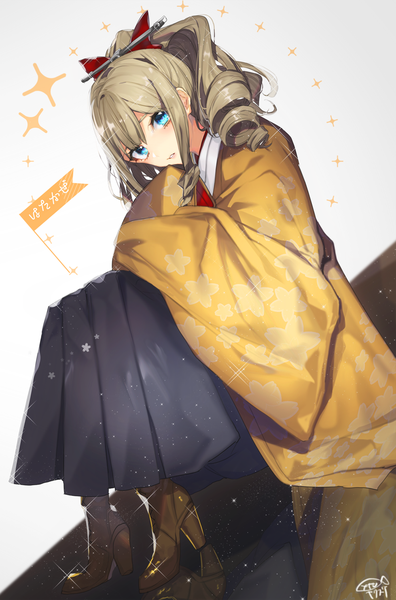 Anime picture 979x1481 with kantai collection hatakaze (kantai collection) yakusuke single long hair tall image looking at viewer blue eyes brown hair sitting signed ponytail traditional clothes japanese clothes sparkle drill hair meiji schoolgirl uniform girl bow hair bow