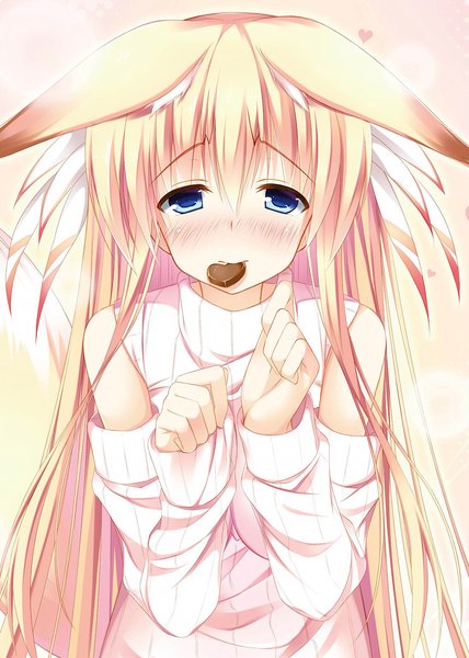 Anime picture 1315x1843 with nozomi tsubame single long hair tall image looking at viewer blush blue eyes blonde hair animal ears scan fox ears fox girl girl detached sleeves food sweets sweater chocolate
