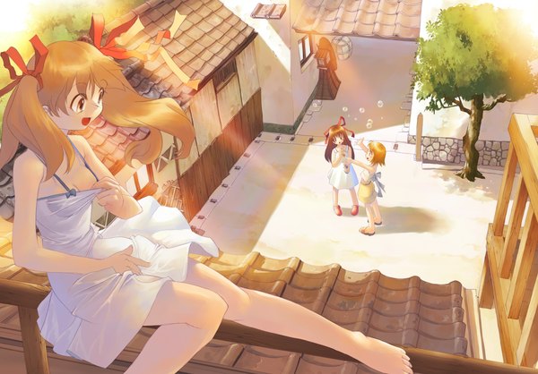Anime picture 2000x1394 with tagme (copyright) tagme (artist) long hair highres short hair breasts open mouth blonde hair brown hair twintails multiple girls brown eyes outdoors :d barefoot sunlight no bra sunbeam girl dress