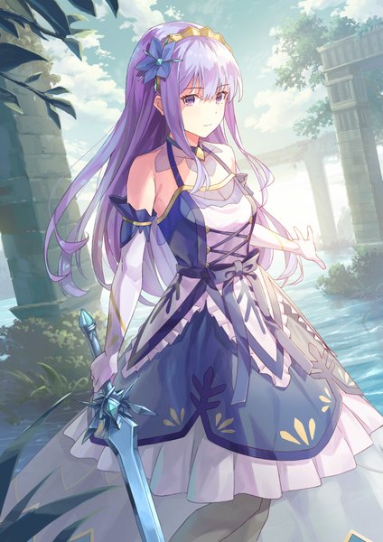 Anime picture 1131x1600 with original koh rd single long hair tall image looking at viewer blush fringe hair between eyes standing purple eyes bare shoulders holding payot sky purple hair cloud (clouds) outdoors hair flower light smile