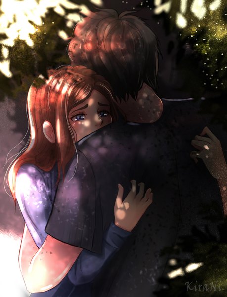 Anime picture 2047x2677 with original kirani long hair tall image blush highres short hair blue eyes brown hair signed upper body from behind couple hug back shaded face girl boy plant (plants) tree (trees)