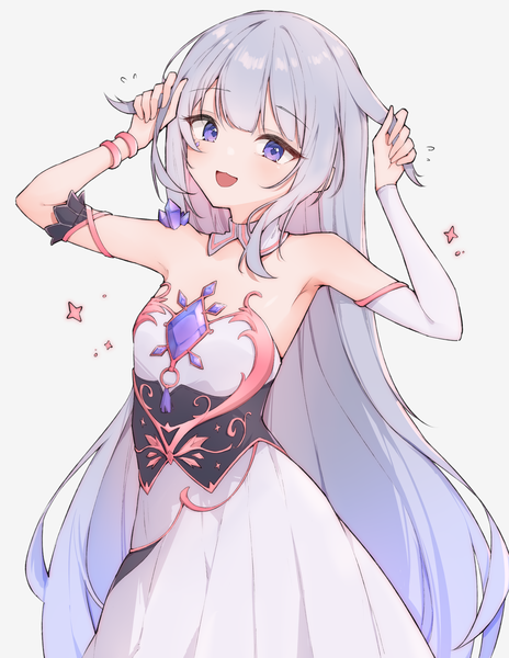 Anime picture 2550x3300 with virtual youtuber hololive hololive english koseki bijou koseki bijou (1st costume) airenif single tall image looking at viewer highres open mouth simple background white background purple eyes silver hair very long hair :d holding hair flying sweatdrops girl