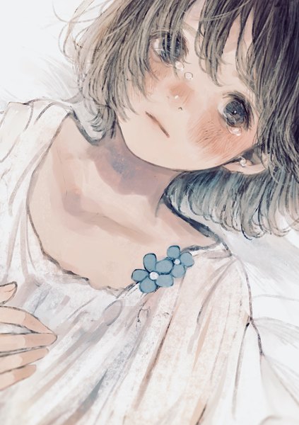 Anime picture 1432x2030 with original orie h single tall image looking at viewer blush fringe short hair simple background hair between eyes white background upper body grey hair black eyes hair over one eye dutch angle tears hand on chest girl flower (flowers)