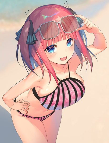 Anime picture 1146x1502 with go-toubun no hanayome nakano nino kakaon single tall image looking at viewer blush fringe short hair breasts open mouth blue eyes light erotic smile large breasts standing bare shoulders pink hair cleavage outdoors