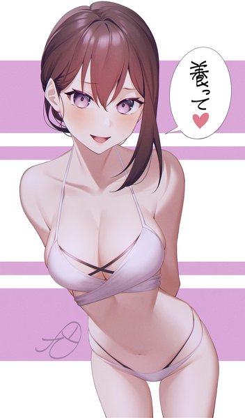 Anime picture 2400x4093 with original kuen (kuennn12) single tall image looking at viewer blush fringe highres short hair breasts open mouth light erotic simple background smile hair between eyes brown hair large breasts standing purple eyes signed