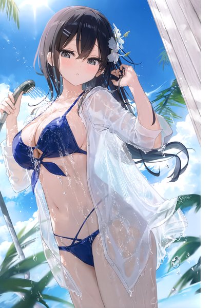 Anime picture 2405x3473 with original fuumi (radial engine) single long hair tall image blush fringe highres breasts light erotic black hair hair between eyes large breasts standing holding looking away sky cloud (clouds) hair flower sunlight
